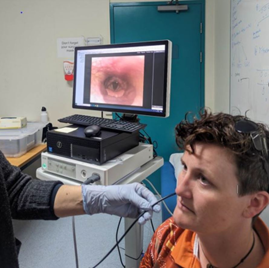 Senior Speech Pathologist practising nasendoscopy on a speech pathology colleague.